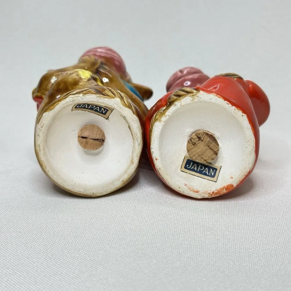 Vintage Japan Monkey Salt Pepper Shakers Ceramic Bonnet & Top Hat Pair Corks